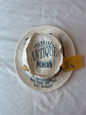 White Vintage "Genuine Antique Person" Novelty Bucket Hat, Gag Slogans and Pins